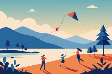 People flying a kite by a lake with mountains and trees