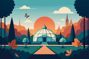 Stylized greenhouse with a sunset and butterfly