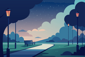Empty park bench under streetlights during a rainy evening