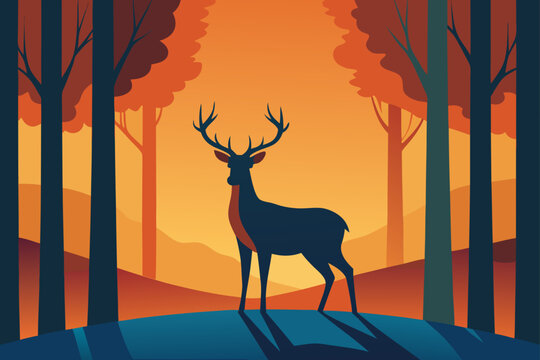 Majestic deer silhouette amidst a vibrant autumn forest sunset
