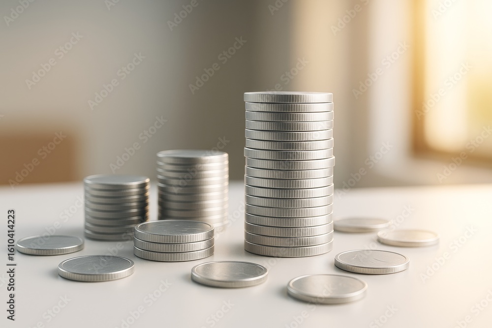 Aufkleber stacks of silver coins on white surface with soft light and warm background in business and finance 