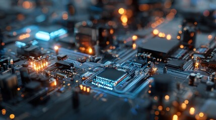 Circuit board close-up with glowing components