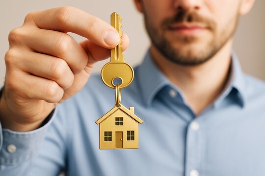 Close-up of man holding golden house key with house-shaped keychain symbolizing real estate business and ownership on light background.