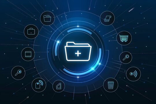 A digital folder with a plus sign surrounded by other icons on a blue technology background - Powered by Adobe