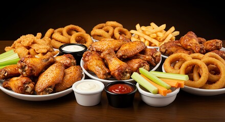 Assorted Chicken Wings Onion Rings French Fries Celery Sticks with Dips in Black Background
