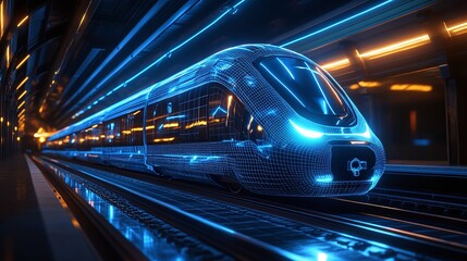 Futuristic train in a glowing underground station.