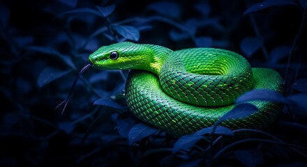 Fototapeta premium Vibrant Emerald Serpent Slithering Through Dark Foliage Capturing Prey