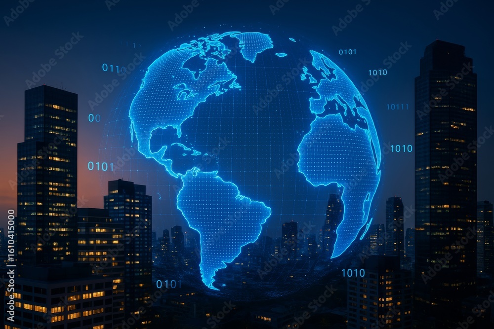 Poster digital glowing world map with binary code over modern business city skyline at night, symbolizing g