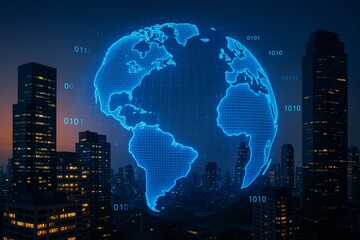 Digital glowing world map with binary code over modern business city skyline at night, symbolizing global data network and abstract communication concept.