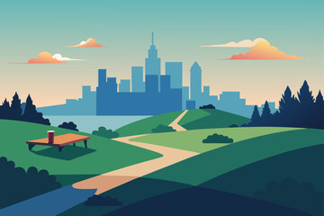 Serene park landscape with city skyline and a drink on a table