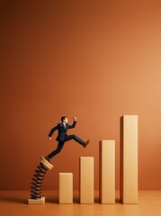 Businessman jumping on spring to climb bar chart symbolizing growth and success on brown background, concept of career promotion and progress.