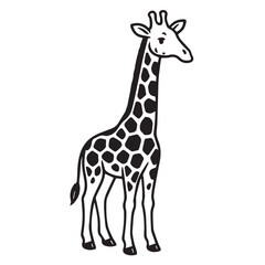 Naklejka premium A vector depiction of a giraffe designed in black and white, with defined black outlines that highlight the animal's distinctive shape, posture, and surface patterns.