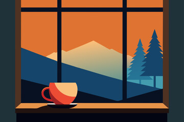 Cozy morning coffee view with mountains and trees