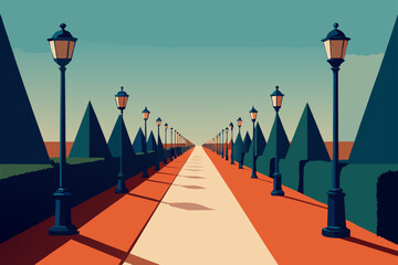 A long path lined with lampposts and geometric trees