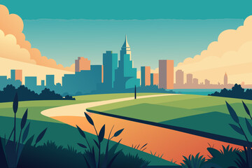 Fototapeta premium Stylized cityscape with green fields and warm sky