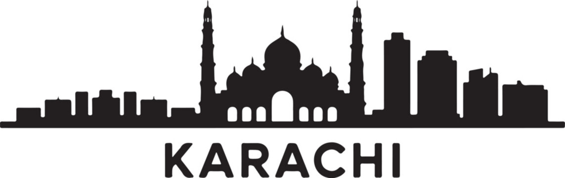 Karachi Skyline Silhouette Featuring Mazar‑e‑Quaid and Modern Towers Iconic Pakistani City Vector on White Background