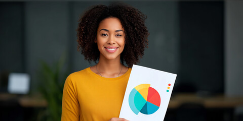 Female employee holding pie chart diagram and smiling