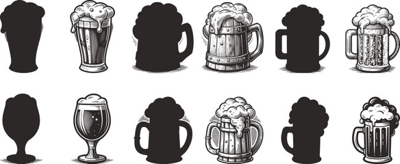 Diverse Beer Mug Collection in Monochrome Illustration A Visual Celebration of Craft Brewing Traditions and Social Gatherings