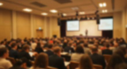 Large Audience Attending a Business Conference with Speaker on Stage in Brightly Lit Hall
