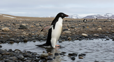 Obraz premium Lone Penguin Wades Through Shallow Water on a Rocky Shore Under Cloudy Sky with Distant Snow Capped Hills