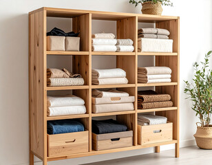 Organized wooden shelf with fabric storage boxes, minimalist home setup, soft natural lighting