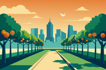 City skyline view through an orange grove lined park pathway