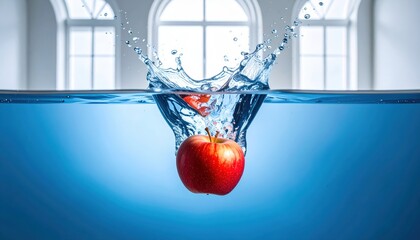 Vibrant Red Apple Plunging into Water, Creating a Dynamic Splash Effect