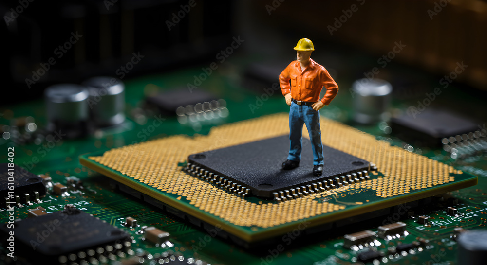 Poster miniature construction worker standing on cpu on green circuit board with electronic components and 