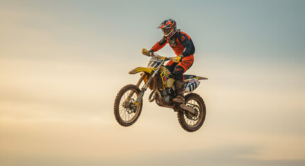 Motocross Rider Soaring Mid Air on Yellow and Black Dirt Bike Against a Sky Backdrop in Bright Sunlight