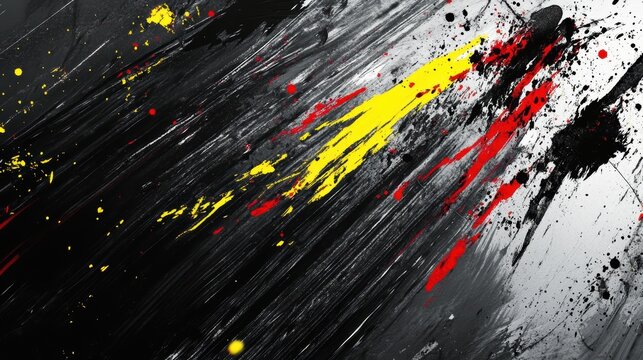 Dynamic Abstract Background with Bright Yellow, Red, and Black Paint Splatter on Textured Surface