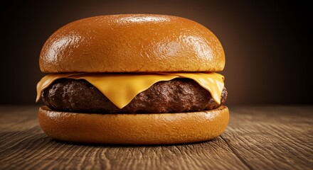 Juicy Cheeseburger with Melted Cheese and Toasted Bun on Wooden Surface