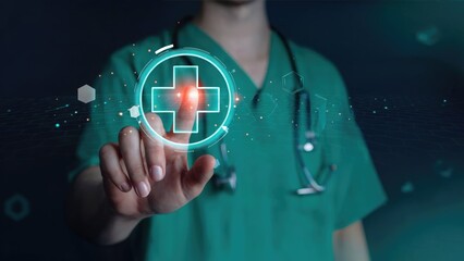 Doctor interacts with glowing medical interface, symbolizing futuristic healthcare innovation and patient care
