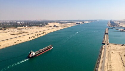 "Aerial View of Cargo Ship Navigating the Suez Canal — Global Maritime Transport Through a Strategic Waterway with Vital Infrastructure and Seamless Navigation"