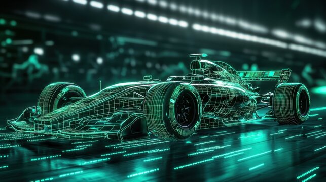 Futuristic Racing Car Concept in Digital Wireframe with Neon Glow and Motion Blur Effect