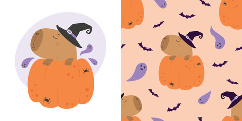 Cute capybara wearing witch hat in pumpkin pattern