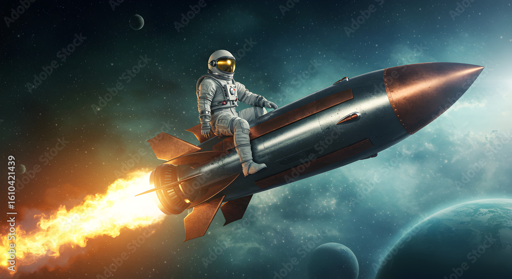 Poster pixel art astronaut on silver rocket soaring through space with planets and starry sky bright flame 