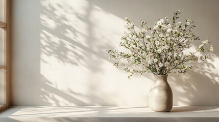 Elegant White Flowers in Simple Vase with Soft Shadows on Wall Near a Window in Bright Natural Light