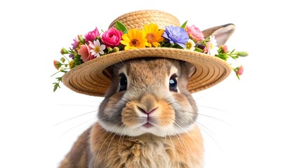 Close-up of a brown bunny wearing a straw hat adorned with colorful flowers