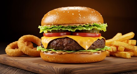 Juicy Cheeseburger with Lettuce Tomato Onion and Cheese on Sesame Seed Bun Served with French Fries and Onion Rings