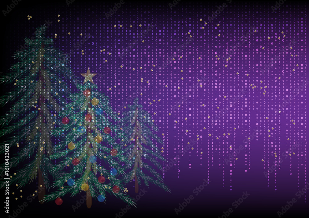 Poster binary code over pine christmas pine tree and gtitter.