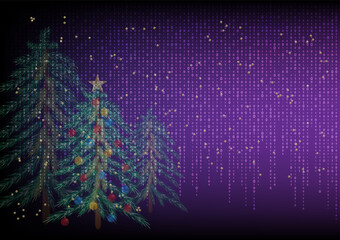Binary code over pine christmas pine tree and gtitter.