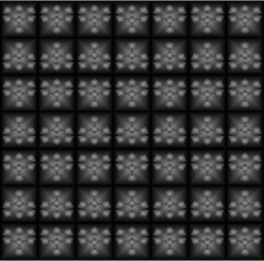 A hypnotic grid of symmetrical, metallic patterns glowing in grayscale. Each tile reflects a central geometric core, forming an intricate digital tapestry.
