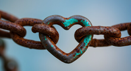 Fototapeta premium Rusty Chain Link Forming Heart Shape with Faded Teal Paint in Detailed Macro Shot on Blurred Blue