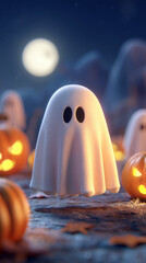 a cute cartoon ghost and pumpkin with eyes in the middle of an halloween scene