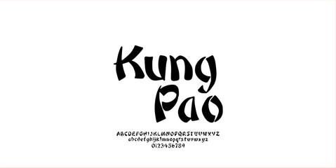 Bold Brush Font. Hand Drawn Style. Chinese-American Takeout Aesthetic. Uppercase Lowercase and Number. Retro Classic Lettering. Typography Decorative Vintage Concept Vector Illustration.