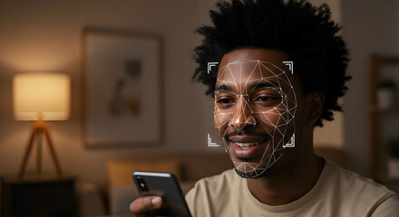 Smiling African American Man Holds Smartphone with Facial Recognition Mapping Dots in Soft Lit Living Room with Sofa