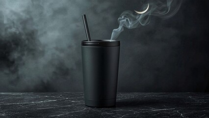 Black Tumbler with Straw and Rising Steam