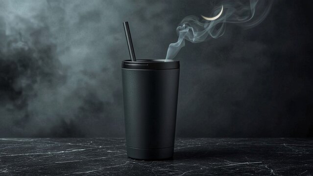 Black Tumbler with Straw and Rising Steam