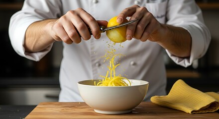 Chef Grating Yellow Lemon Zest Into Bowl for Recipe Preparation