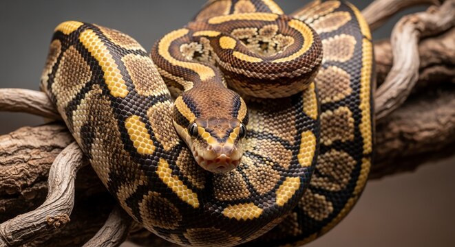 Close-up of a coiled Ball Python with intricate brown and yellow patterned scales resting on a branch.